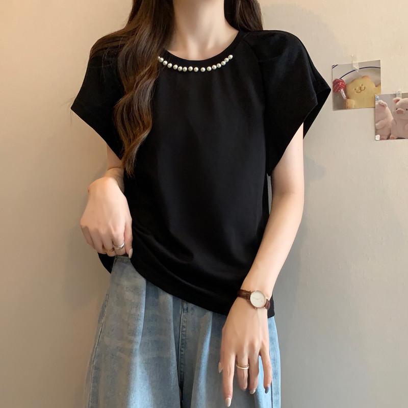 Plus Size Beaded Puff Sleeve Top - Versatile Slimming Summer Short Sleeve T-Shirt