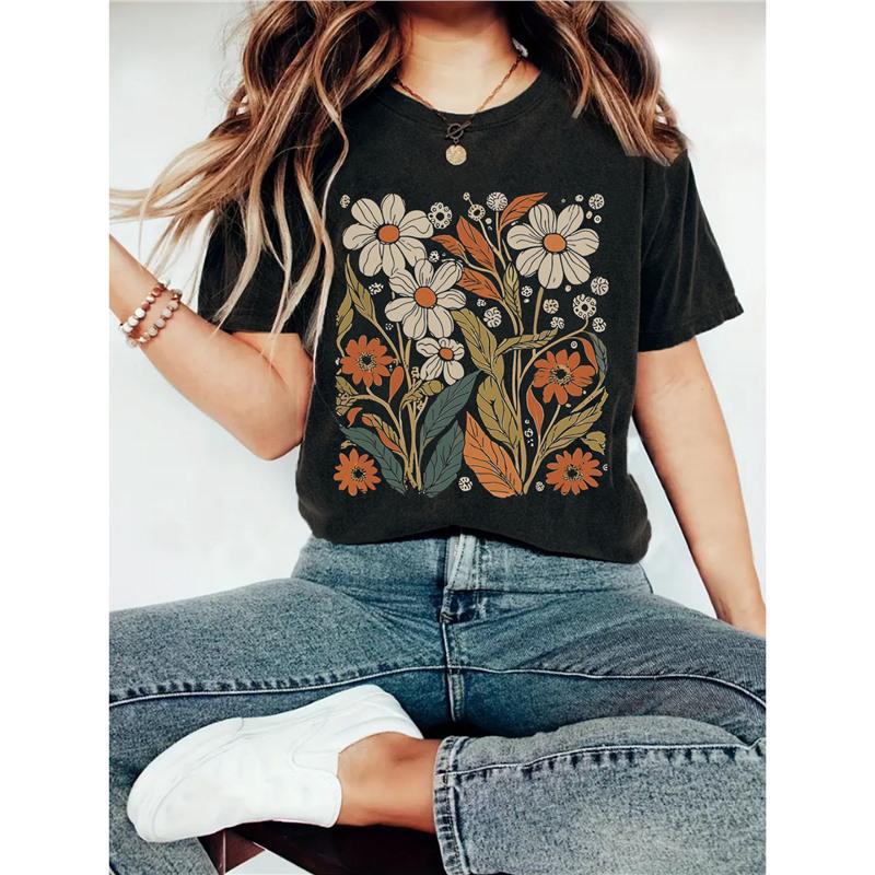 

Женская летняя футболка с цветочным принтом, круглым вырезом и короткими рукавами, в стиле кэжуал. XXL