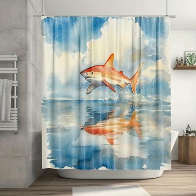 1 Stück Kleiner Fisch mit Haifischflosse, der durch das Wasser flitzt, mit Sommerdekor Duschvorhang Badezimmerdekoration Inklusive Dusche