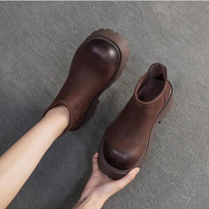 Johnature Genuine Leather Thick Soled Ankle Boots Retro Back Zipper Cowhide Commuting Women's Platform Shoes