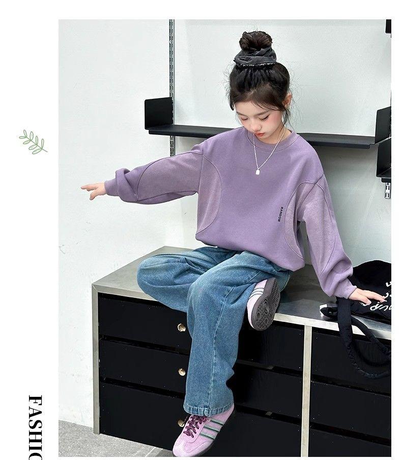 Dívčí módní volná mikina s kulatým výstřihem a dlouhým rukávem - Kolekce Podzim/Jaro 2025