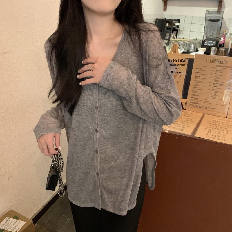 Spring Korean-Style Women's V-Neck Loose Cardigan - Lightweight, Long Sleeve, Sun Protection, Versatile, Casual Top