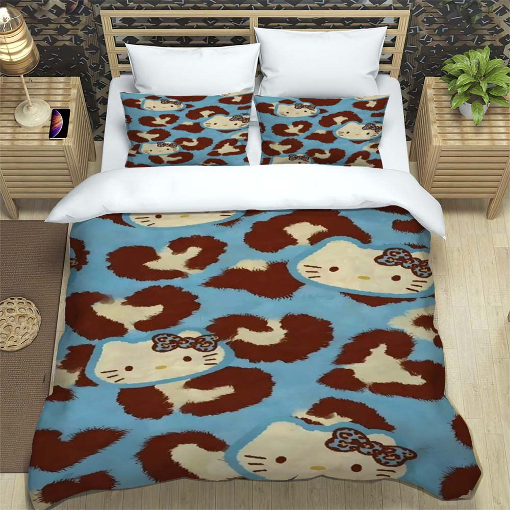 3D Printed Cartoon Leopard Print Hello Kitty Duvet Cover and Pillowcase Set - Home Decor, Creative Plus Size Bedding Set, 01
