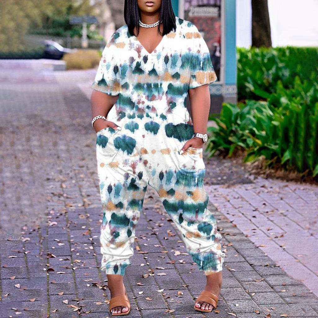 Damen-Overall in Übergröße, lockerer, lässiger Kurzarm-Jumpsuit mit V-Ausschnitt und bedruckten Taschen