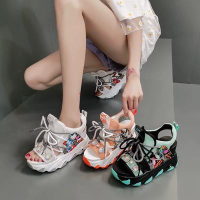 Floral Slope and Rhinestone Sandals for Women In Summer, Korean Version, High Heels, Thick Sole, Casual and Easy To Match, Roman Sandals