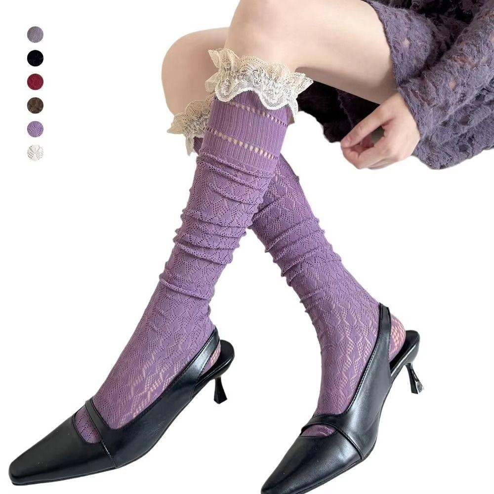 Kawaii Lace Trim Knee-high Socks Breathable Hollow Out Calf Socks Odor-resistant Soft Boot Socks Fall Winter