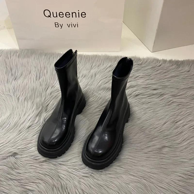 Fashion 2024 Hot Sale Ladies Shoes Zipper Women's Boots Spring Autumn Round Toe Solid Short Barrel Platform Chunky Heels Fashion Boots