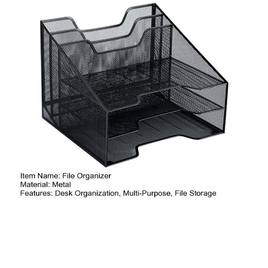 Letter Tray Organizer Desk Mesh File Organizer with 3 Paper Tray And 2 Vertical Upright Section Metal File Folder Sorter for Office Supplies