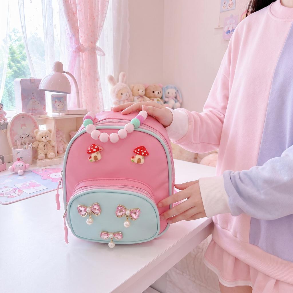 Girls' Schoolbag - Cute Pearl Butterfly Knot Double-shoulder Bag - Children's Hand-held Backpack