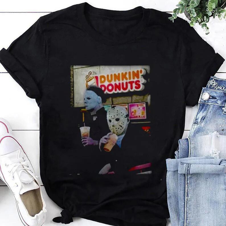 

Michael Myers and Jason Voorhees Drink Dunkin’ Donuts Funny T-Shirt Unisex T-Shirt XL