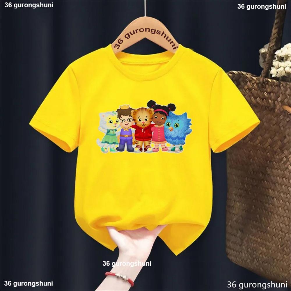 New Boys Tshirt Cute Daniel Tiger’S Neighborhood Cartoon Print Girls T-Shirt Summer Harajuku Kidst Shirts Blue Tops Wholesale