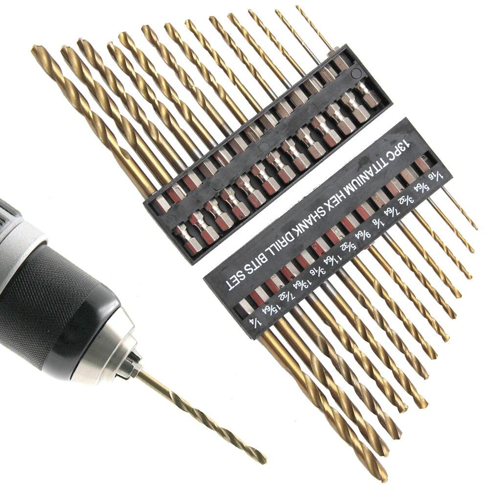 13pc British System Hexagonal Handle Titanium Plated Twist Drill 1/16-1/4 Electric Drill Screwdriver Drilling Tool Set