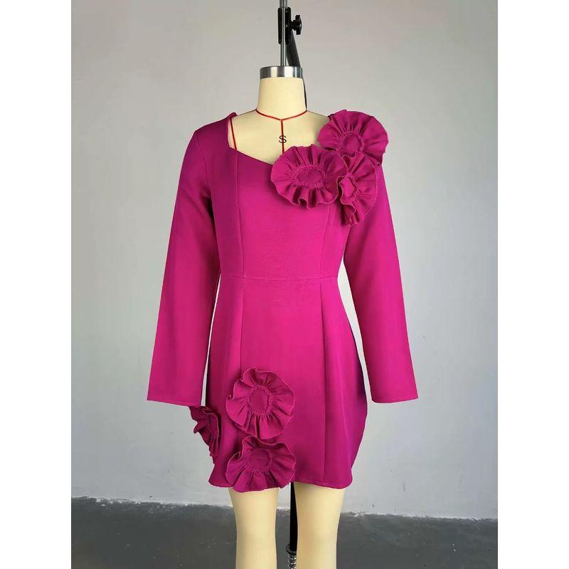 

Fashion New Arrival Temperament Square Collar Three-Dimensional Flowers Long Sleeves Dress Square Collar Floral Dress Rose Red XL