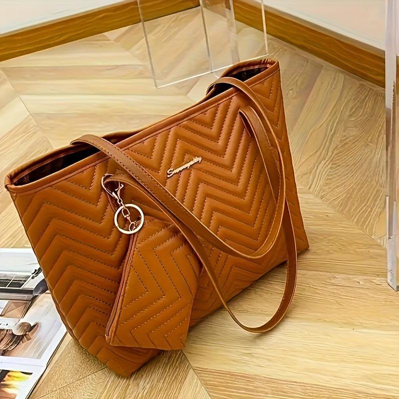 Women's Wavy Quilted Embroidered Tote Bag Set – 2024 Single Shoulder Large Bag