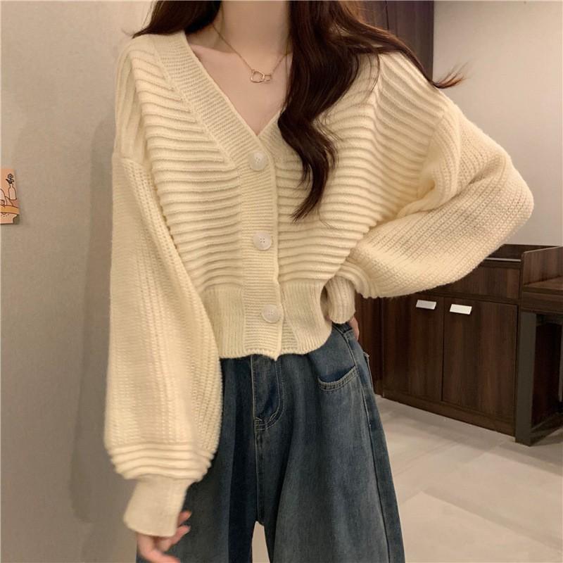 V-neck Knitted Cardigan Women's Autumn and Winter New Loose Lazy Sweater Jacket Chic Small Top Wholesale