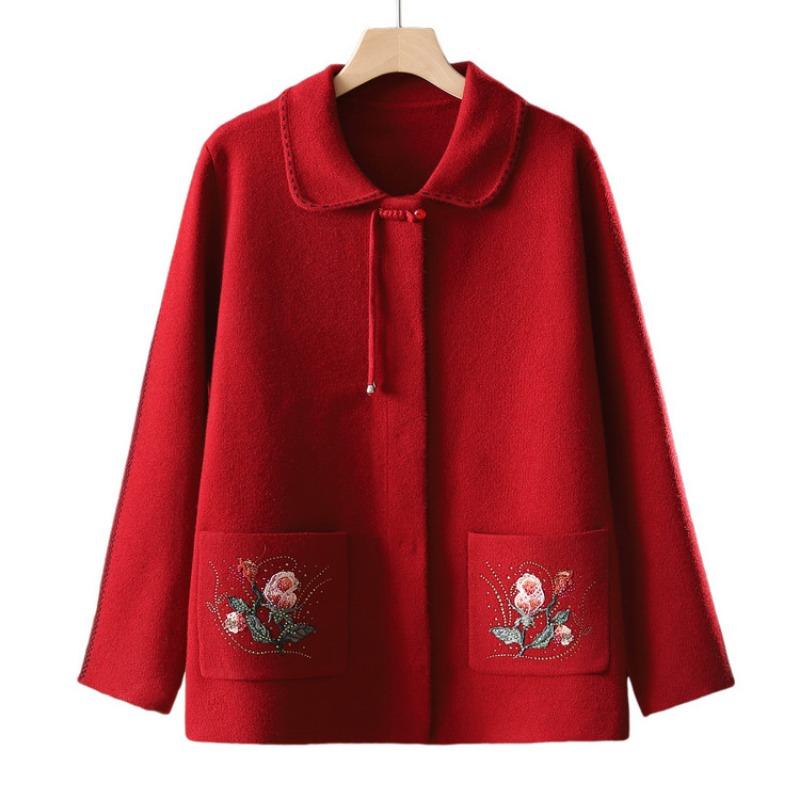 Mom's autumn and winter knitted coat medium old woman cardigan sweater embroidered top woolen coat