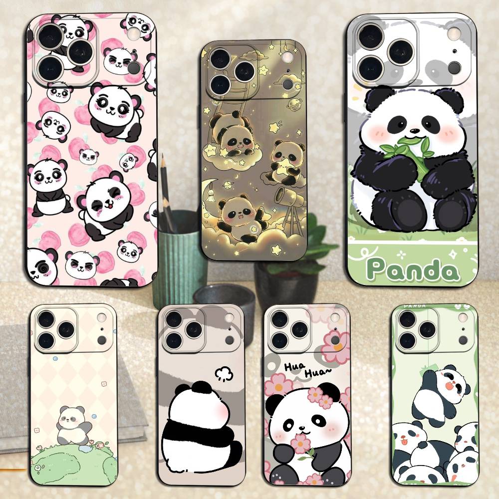 C-Cartoon Cute Panda Bear Case For iPhone 15,17,16,12,14,13,11,Plus,Pro Max,XS,X,Mini,8,7,XR,SE,Soft Silicone Black