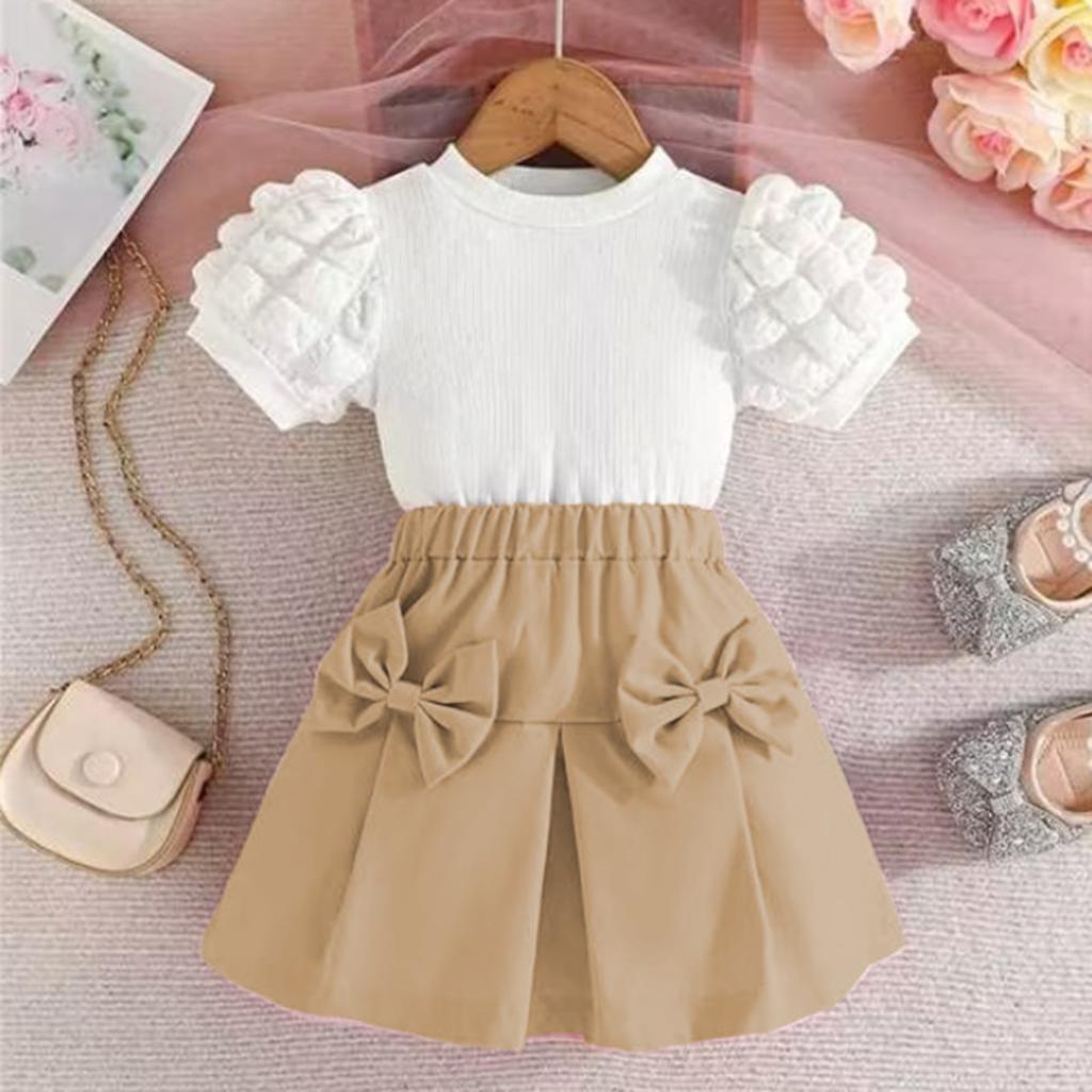 Summer Children Leaf Inclined Shoulder Craft Skirt Girl Fashion Casual Suit