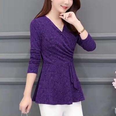 Casual Slim Fit Plus Size Women Top Long Sleeve Blusa V-Neck Purple Red Flowers Feminina Blouses Shirt