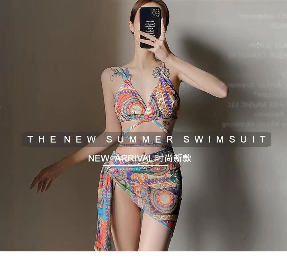 1011 New European and American Bikini Sexy Mesh Printing Beach Skirt Three-piece Swimsuit Women's Bikini Swimsuit