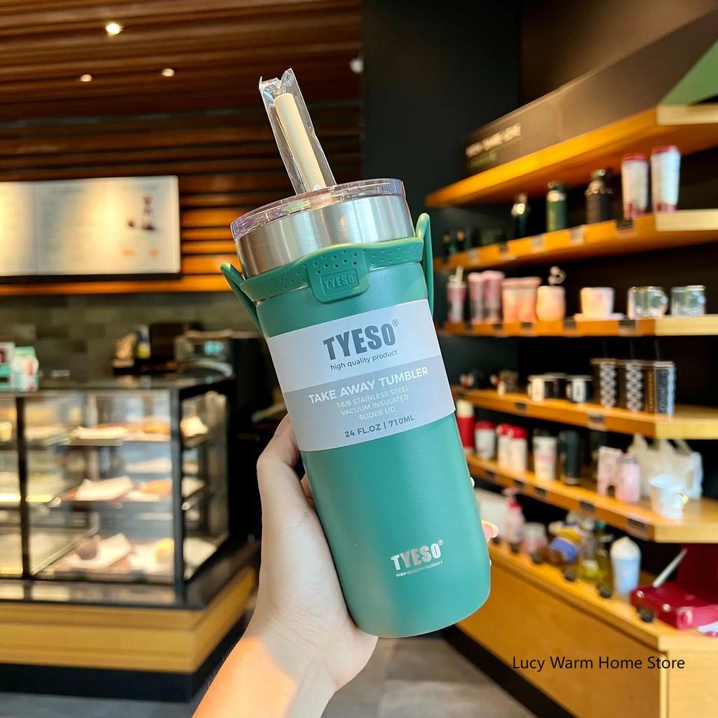 TYESO Tasse Thermo-Edelstahl-Kaffeetasse, Doppel-Thermosflasche, Isolierflasche, isolierte Reise-Auto-Bierbecher mit Strohhalm