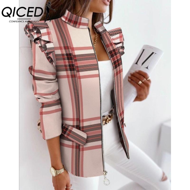 QICED Women's Vintage Casual Lattice Print Autumn Winter Long Sleeve Jackets & Coats