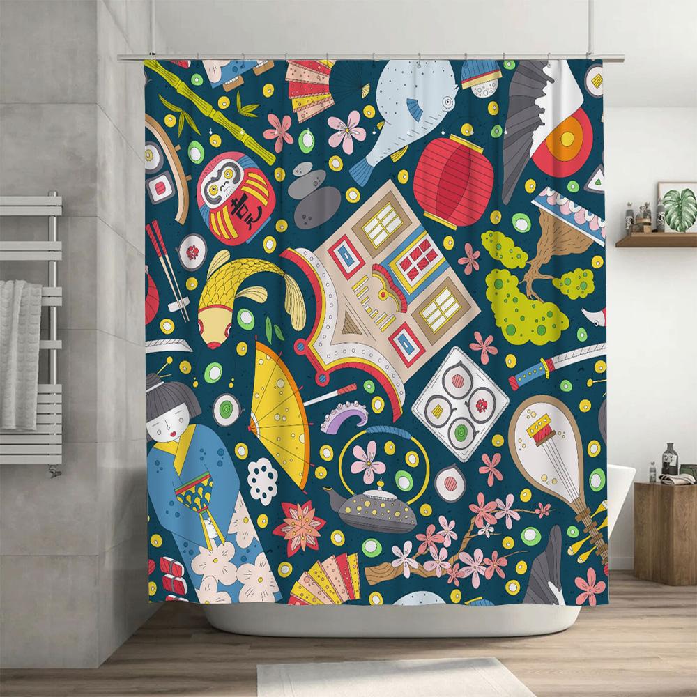 Decorate your bathroom with this vibrant shower curtain featuring a fun mix of Japanese elements like koi fish, sushi, and lucky