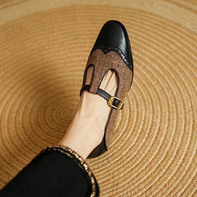Fashion NEW Spring/Autumn Women Pumps Square Toe Chunky Heel Shoes Genuine Leather Shoes for Women Cotton Fabric Buckle Strap Mary Janes