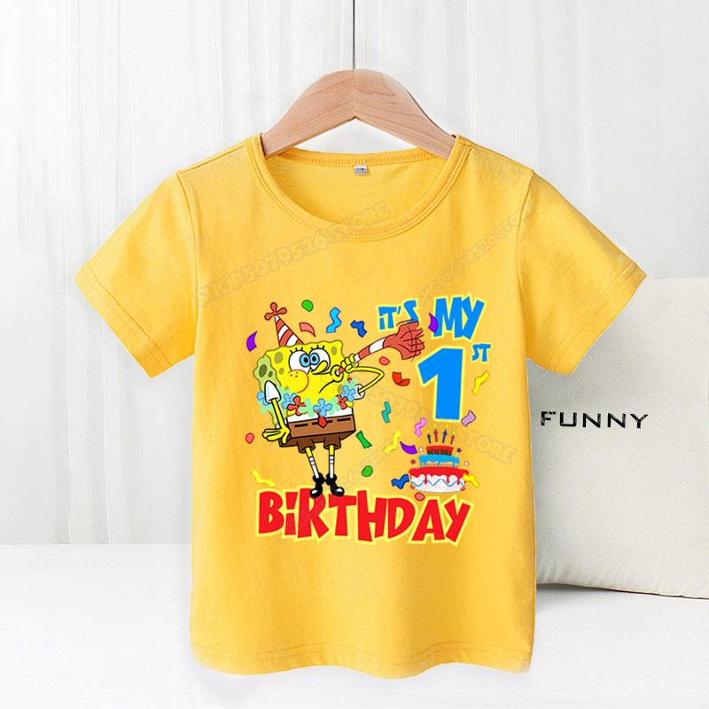 SpongeBobs Children Birthday Clothes Boy Girl Number Cotton T Shirt Short Sleeve Kids Clothes Cartoon Summer Toddler Tee Tops