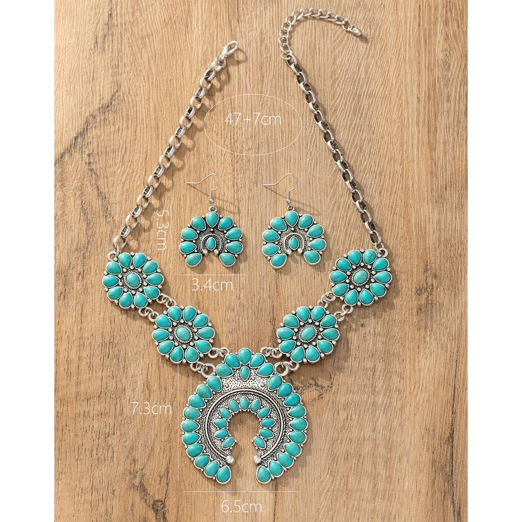 3pcs/Set Vintage Bohemian Turquoise Horseshoe Shape Bib Necklace & Stud Earrings For Women Western Jewelry