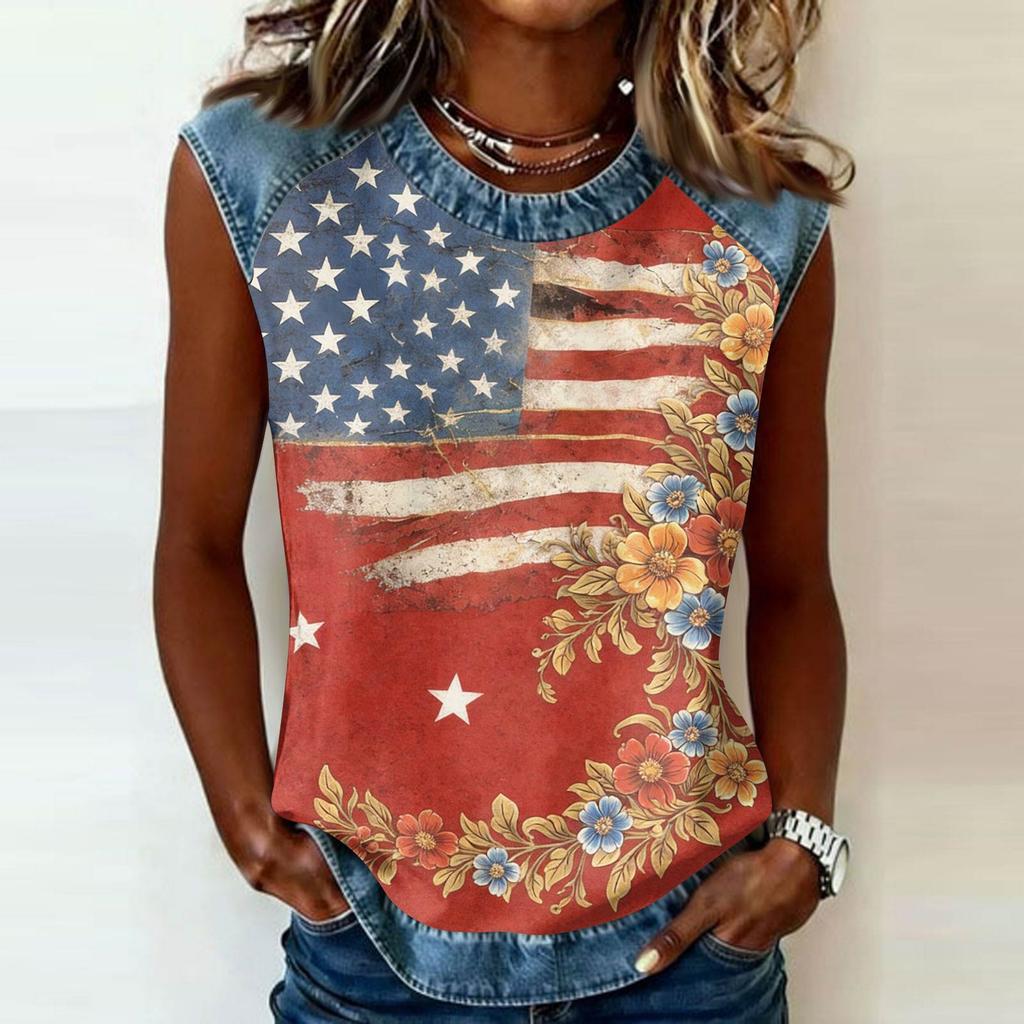 Sleeveless Crew Neck Casual Top with Denim Trim and Star Firework Floral Print for Women Summer Wear