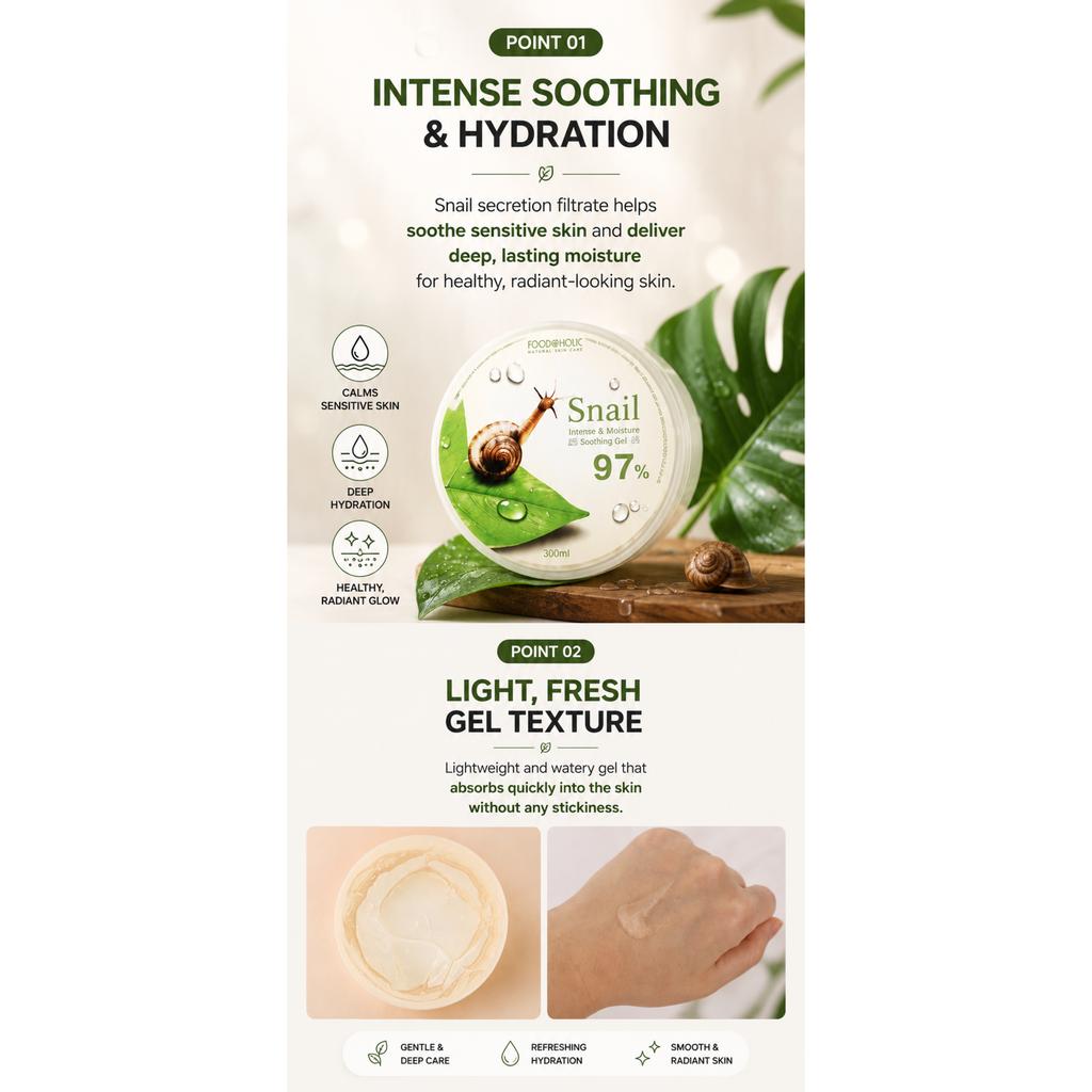 FOODAHOLIC Snail Soothing Gel 300ml – Hydrating Snail Mucin Repair & Moisture Soothing Care for Face & Body