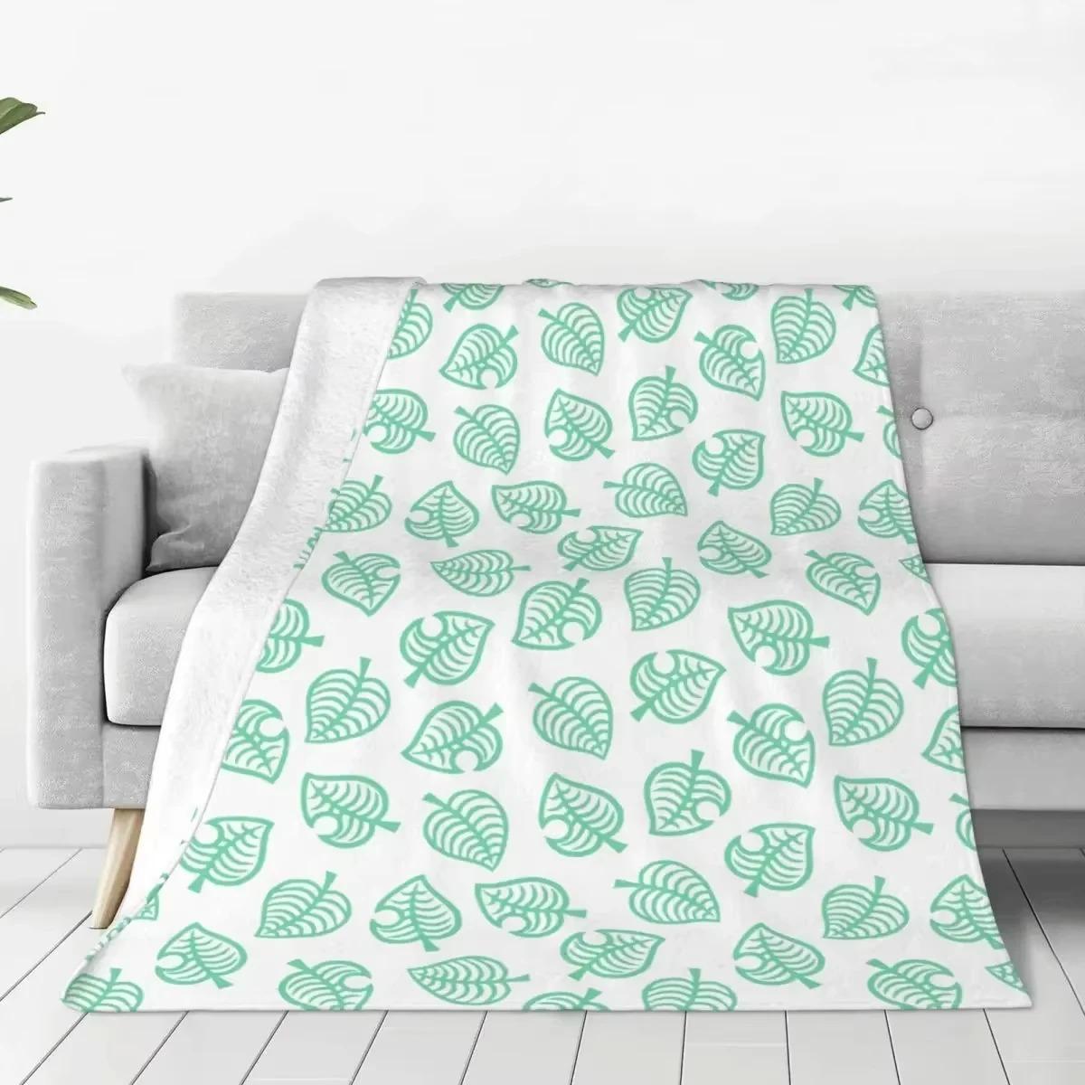 Animal Crossing Leaf Blanket, Mint Green Leaf Print Flannel Throw Blanket, Cute Gamer Cozy Decor for Bedroom & Living Room 75X95CM