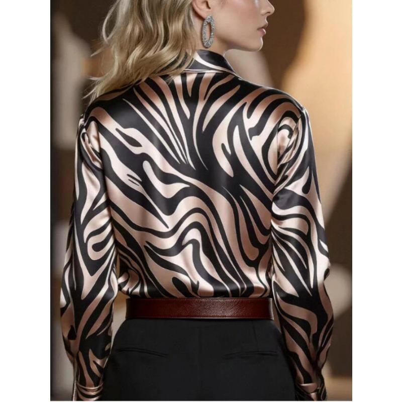 Spring and Autumn New Trendy Satin Long-sleeved Shirt Zebra Pattern Temperament Shirt for Women