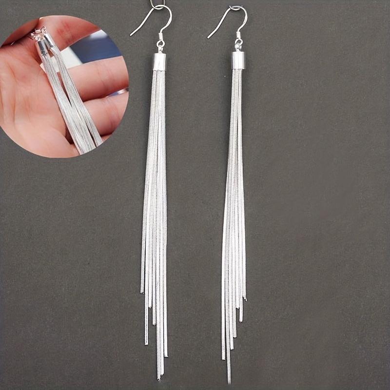 Women Fashion Silvery Tassels Earrings Hook Drop Long Dangle Earrings for Party Prom Girlfriend Gifts