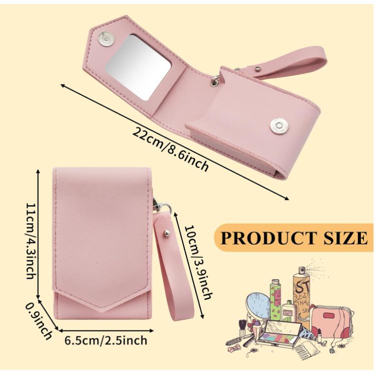 RTS Makeup Lipstick Case Pu Leather Lipstick Pouch With Mirror, Wristlet Cosmetic Bag with Keychain, Holds up to 3 Lipsticks