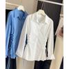 Women's Point Collar Long Sleeve Shirt Slim Fit Korean Casual Side Lace Up Solid Color Button Down Blouse
