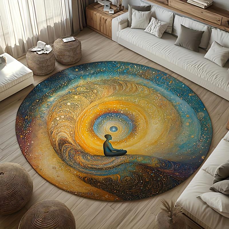 Meditation Galaxy Round Flannel Rug Printed Spiritual Art Floor Mat for Living Room Bedroom Yoga Space Soft Non Slip Home Decor