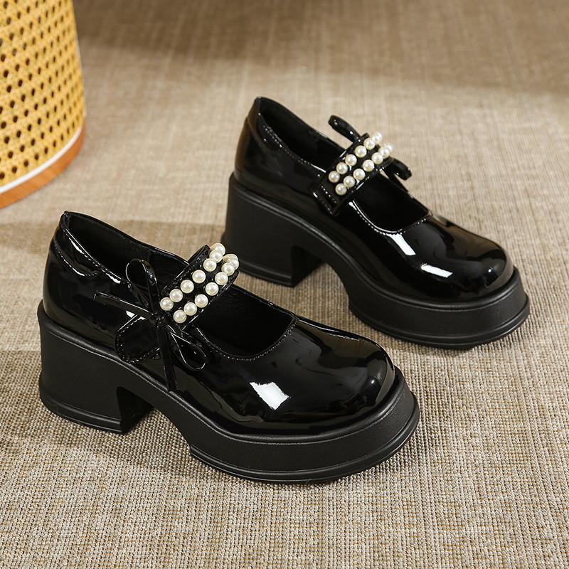 Fashion Vintage High Heels Mary Jane Shoes for Women 2025 Patent Leather Platform Pumps Woman Pearls Thick-Heeled Shoes Female