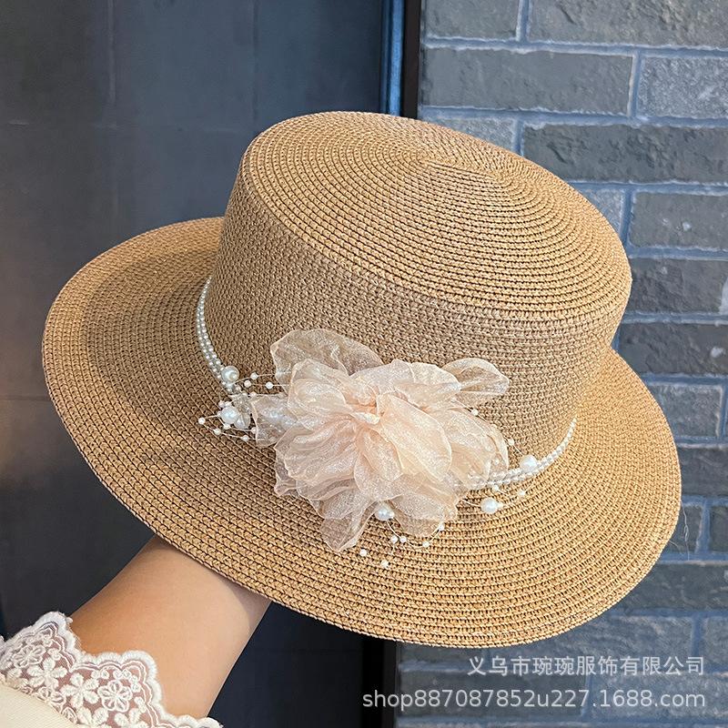 Pearl flower sunshade woven straw hat women's summer seaside vacation sun hat new flat-top sunscreen beach hat