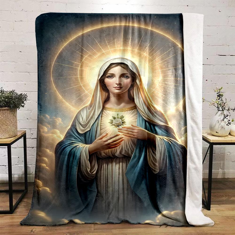 "Serene Virgin Mary Illustration" Patterned flannel blanket perfect for the bedroom living room, sofa, or a little nap