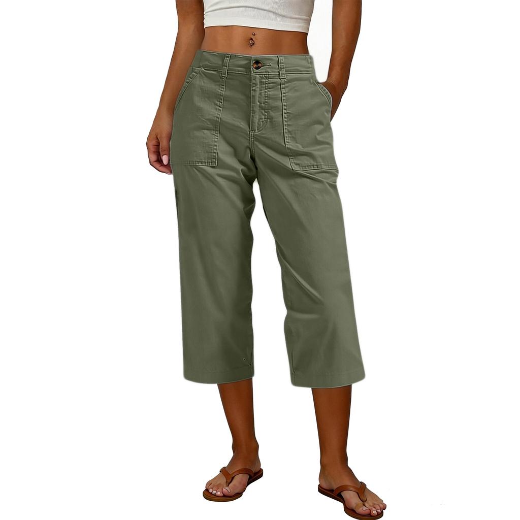Women Casual Cargo Capri Pants Elastic Waist Stretchy Waistband Relaxed Fit Utility Trousers with Pockets Mid Calf Length