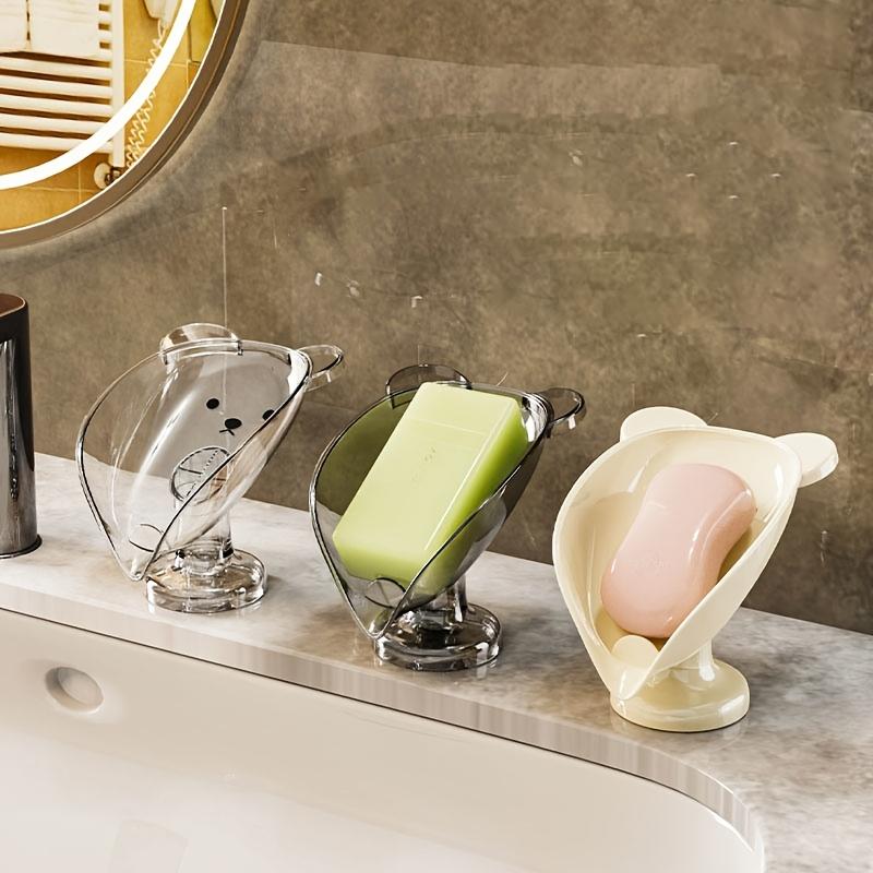 [Clear Plastic Soap Dish] Adhesive-Free Clear Plastic Oval Soap Dish with Suction Cup and Drainage Hole | Cartoon Bear Design,No-Drill Soap Holder