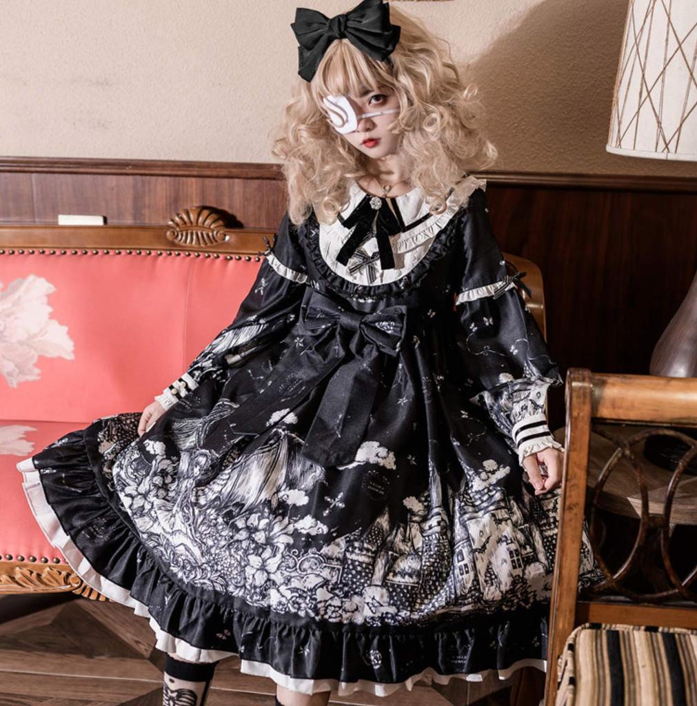 Gothic Lolita Long Sleeve Dress One Piece Skirt Knee Length Black Doll Castle Pattern [Lady Lazy] (L)