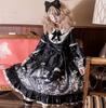 Gothic Lolita Long Sleeve Dress One Piece Skirt Knee Length Black Doll Castle Pattern [Lady Lazy] (L)
