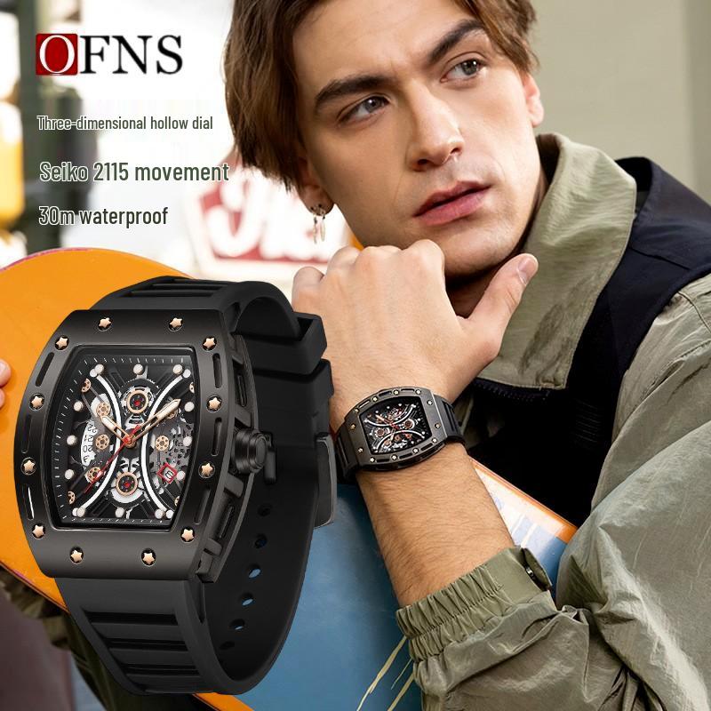 OFNS Luminous Barrel-Shaped Quartz Men's Watch - Waterproof with Calendar
