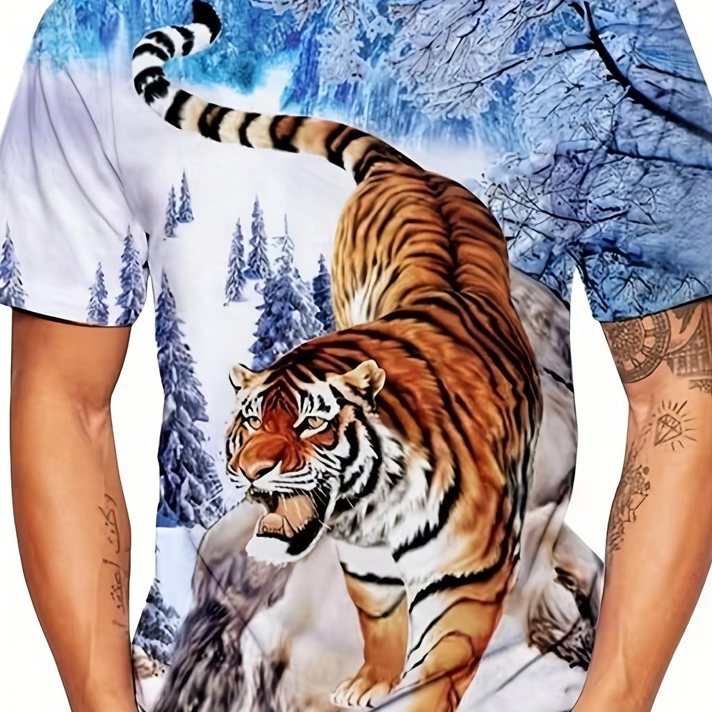 Men'S 3D White Tiger Print T-Shirt, Casual Crew Neck Short Sleeve Knit Polyester Top, Regular Fit Summer Fashion, Y2K Harajuku Style Clothing