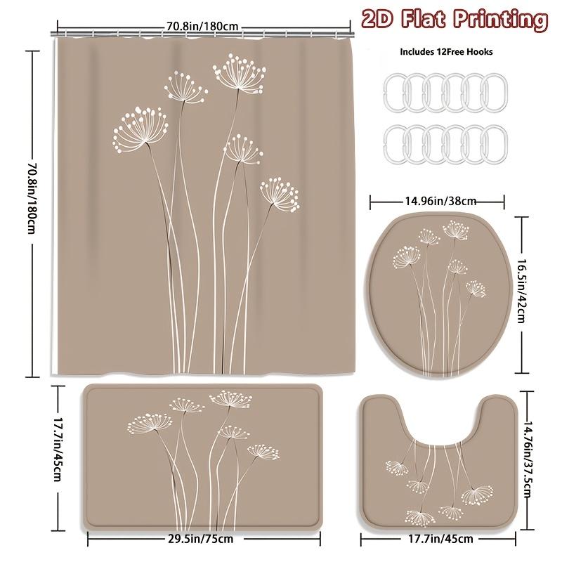 4Pcs 2D Flat Minimalist Dandelion Shower Curtain Set with Non-Slip Bath Mat, Toilet Lid Cover, Contour Rug & 12 Hooks, Bathroom Decor