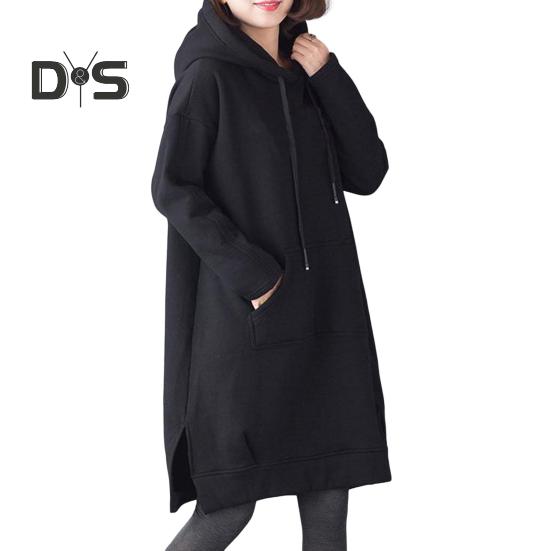 

Женская толстовка с капюшоном на осень-зиму с большим карманом, завязками на шнурке, разрезом по низу, однотонная, свободная, длиной до колена, толстый верх, плюшевый пуловер, повседневная толстовка с капюшоном M чёрный