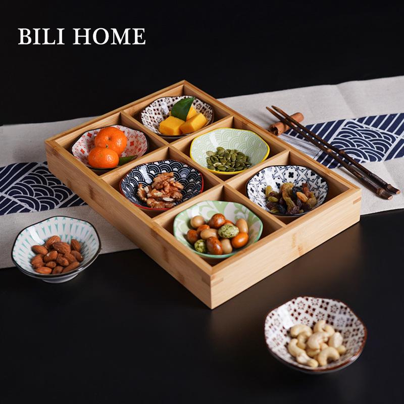Nine-Compartment Solid Wood & Ceramic Tray for Dried Fruits, Nuts & Tea Snacks - Chinese & Japanese Style.